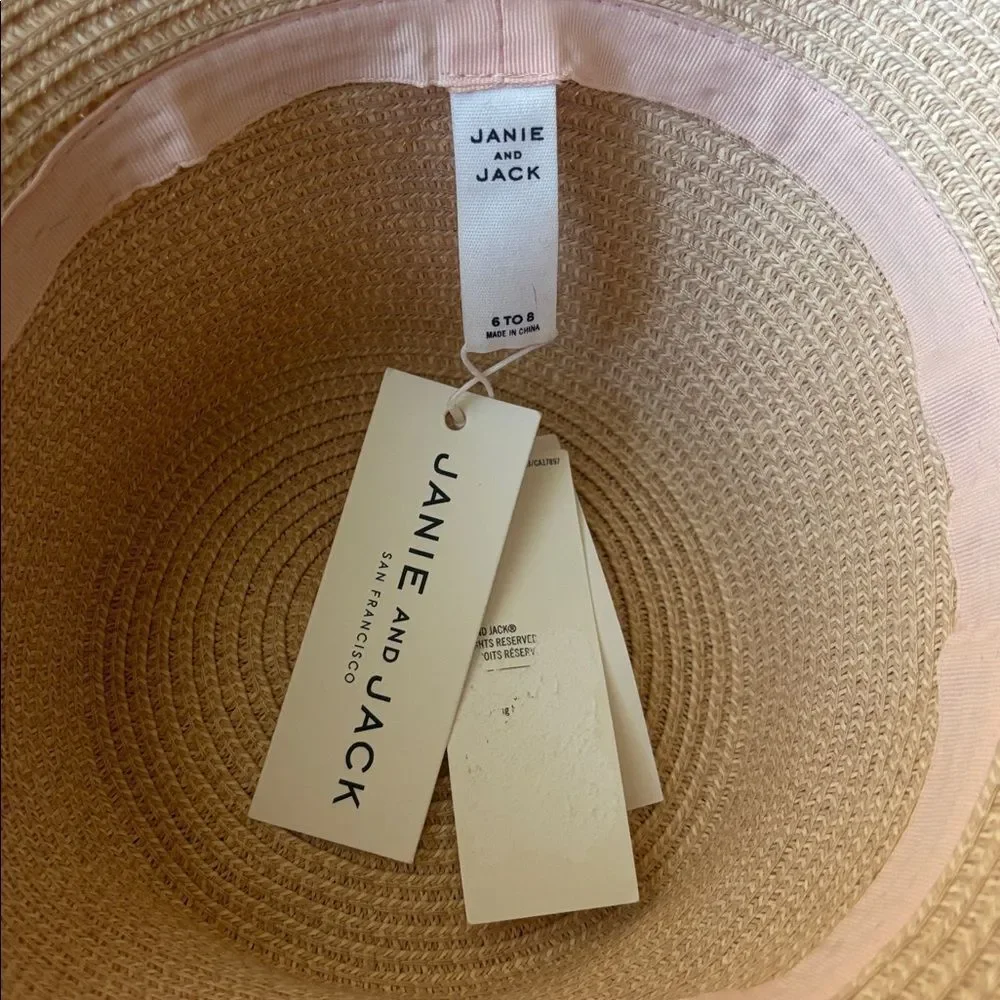 Janie and Jack Beige Straw Sun Hat with Pink Floral Embroidery ~ NWT